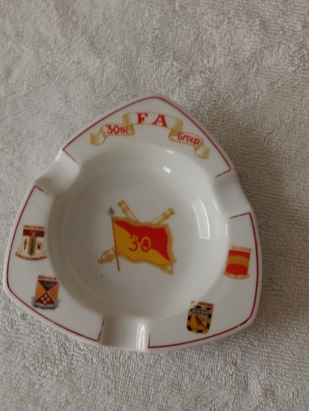 FA White Porcelain Ashtray with Red and Gold Emblem